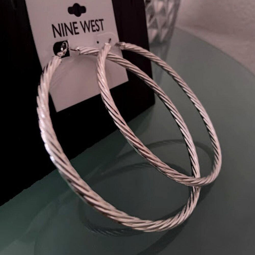 NINE WEST Hip Hop Silver Rope Textured 3.65" Statement Hoop Earrings**NEW! - Picture 2 of 4